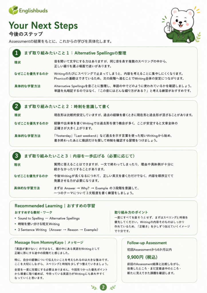 Writing Assessment Report サンプル2ページ目